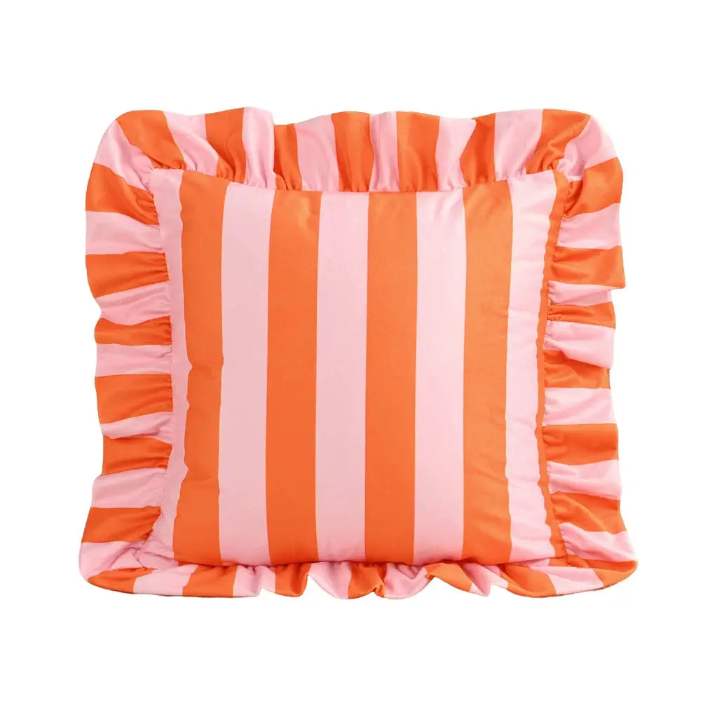 Pillowcase 18x18 - 1PC striped pink and orange velvet with ruffled edges