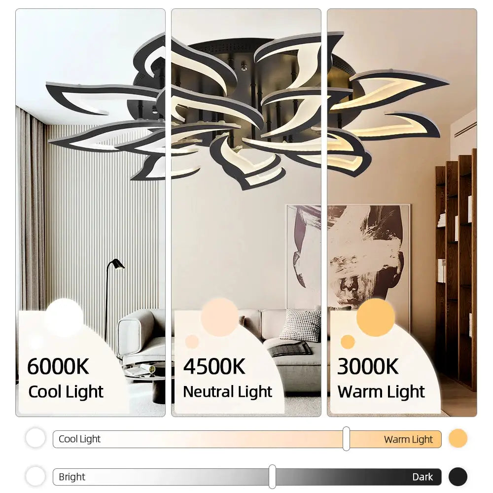 Modern LED ceiling light fixture with a black and white flower-design chandelier by Simples Market, dimmable