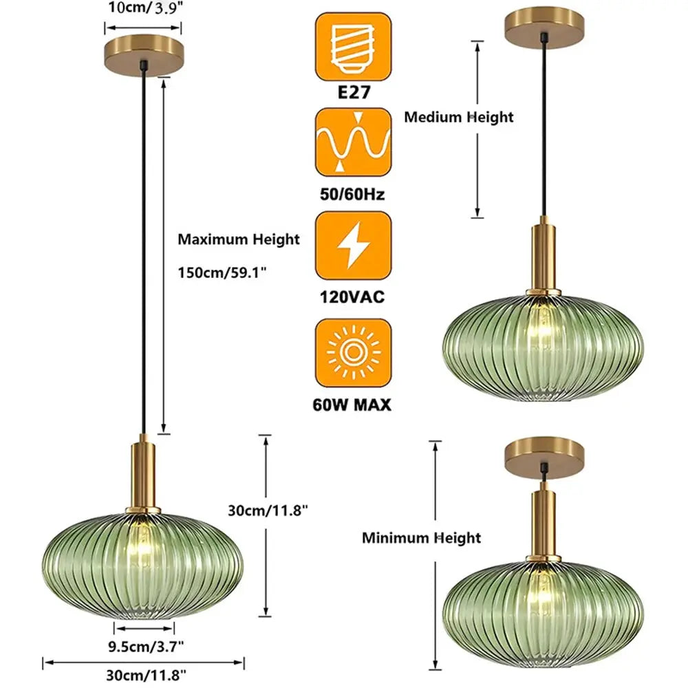 Nordic glass pendant light with green ribbed shade and brass canopy, black cord; E27, 60W max, adjustable to 150cm