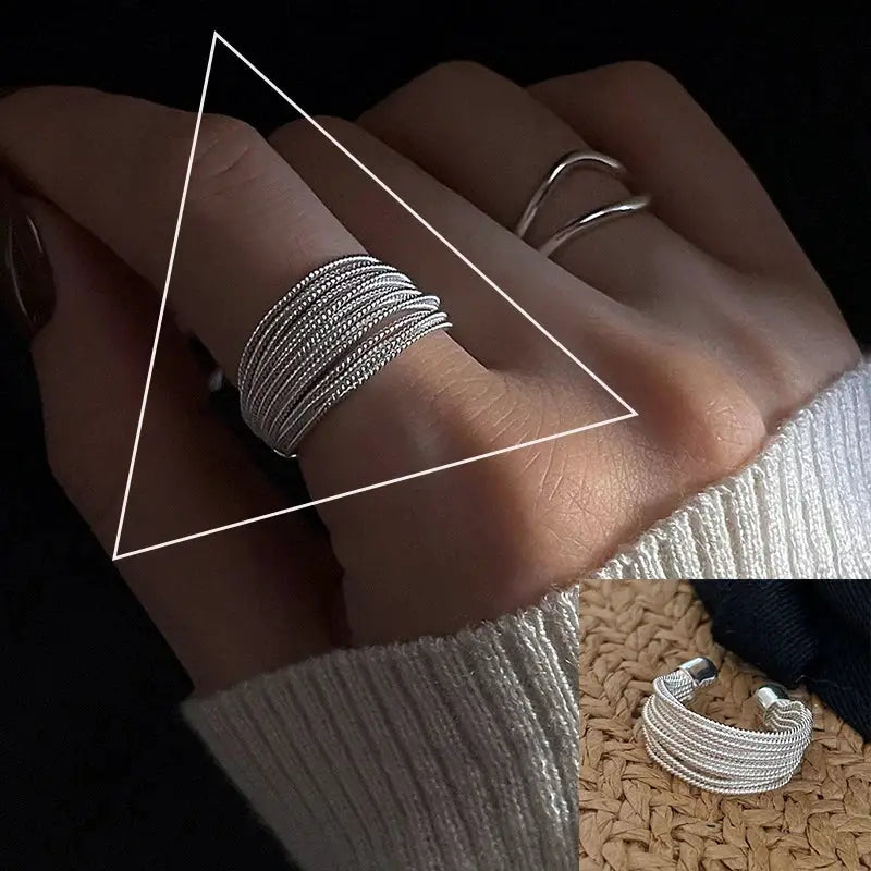 Ventfille 925 Sterling Silver Rings Fashion Hip Hop Vintage Couples Hollow Lines Punk Silver Party Adjustable Jewelry