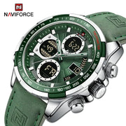 NAVIFORCE men's green chronograph watch with silver case, tachymeter bezel, and green strap