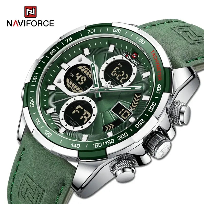NAVIFORCE men's green chronograph watch with silver case, tachymeter bezel, and green strap