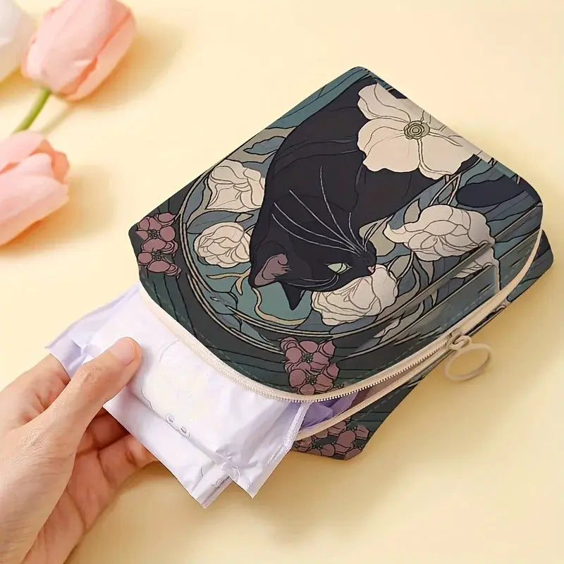 PurrPattern Cat Pattern Sanitary Napkin Storage Bag Lightweight Portable Travel Friendly Case