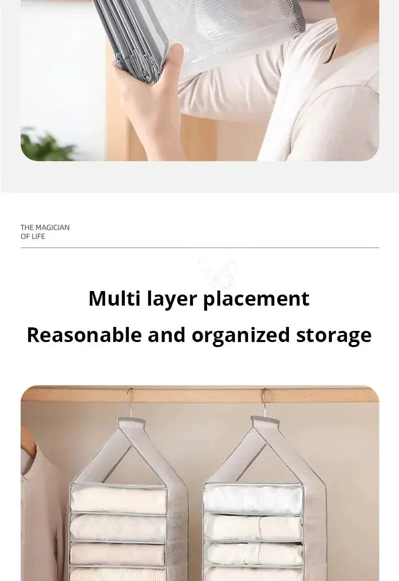Wardrobe hanging storage bag; grey fabric, multi-layer closet organizer for pants, socks and T-shirts; two hanging units.