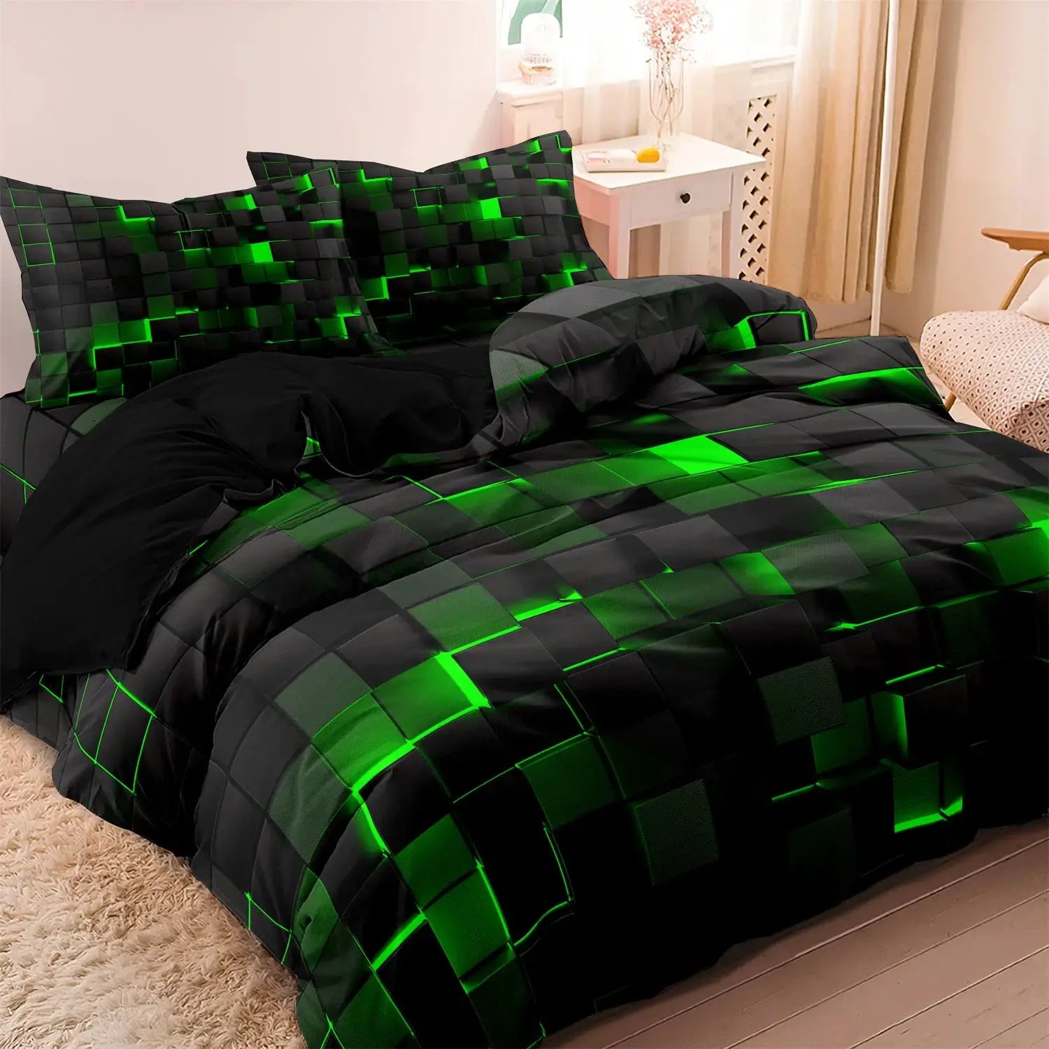 Simples Market 3-piece duvet cover set in black and green geometric grid plaid; includes 1 duvet cover & 2 pillowcases.