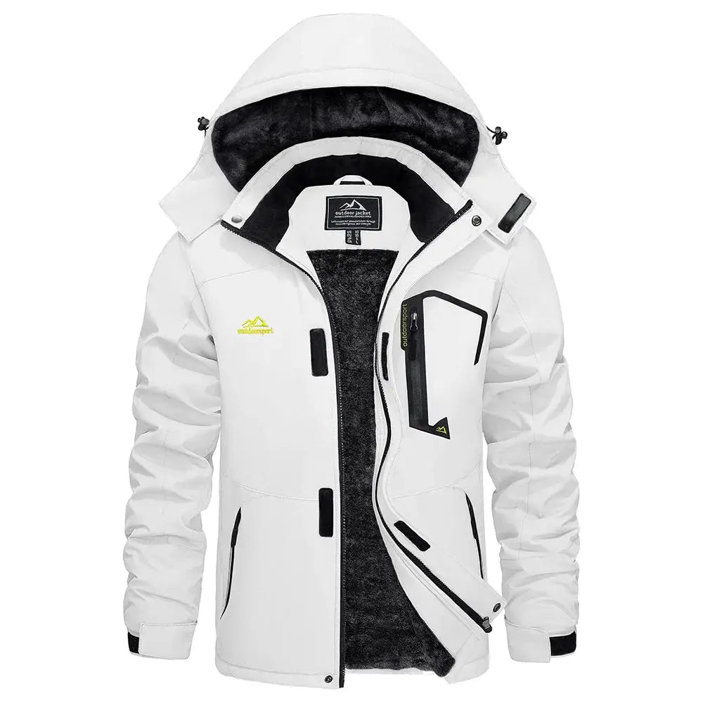 KEFITEVD men's white winter ski jacket by Simples Market, waterproof parka with black fleece lining and multiple zip pockets