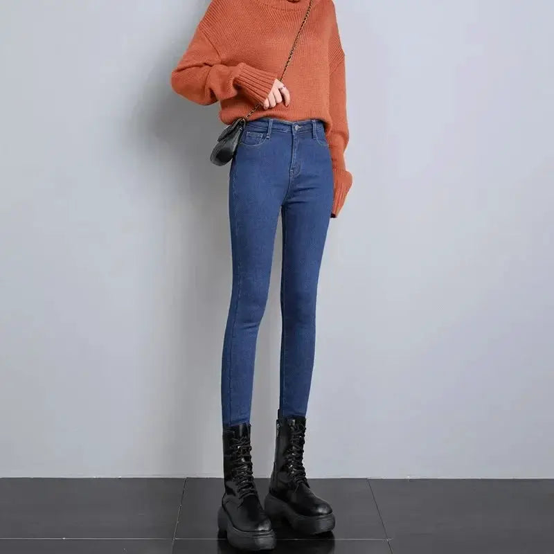 Women Thermal Skinny Jeans With Plush Lining Warm Winter Denim Pants