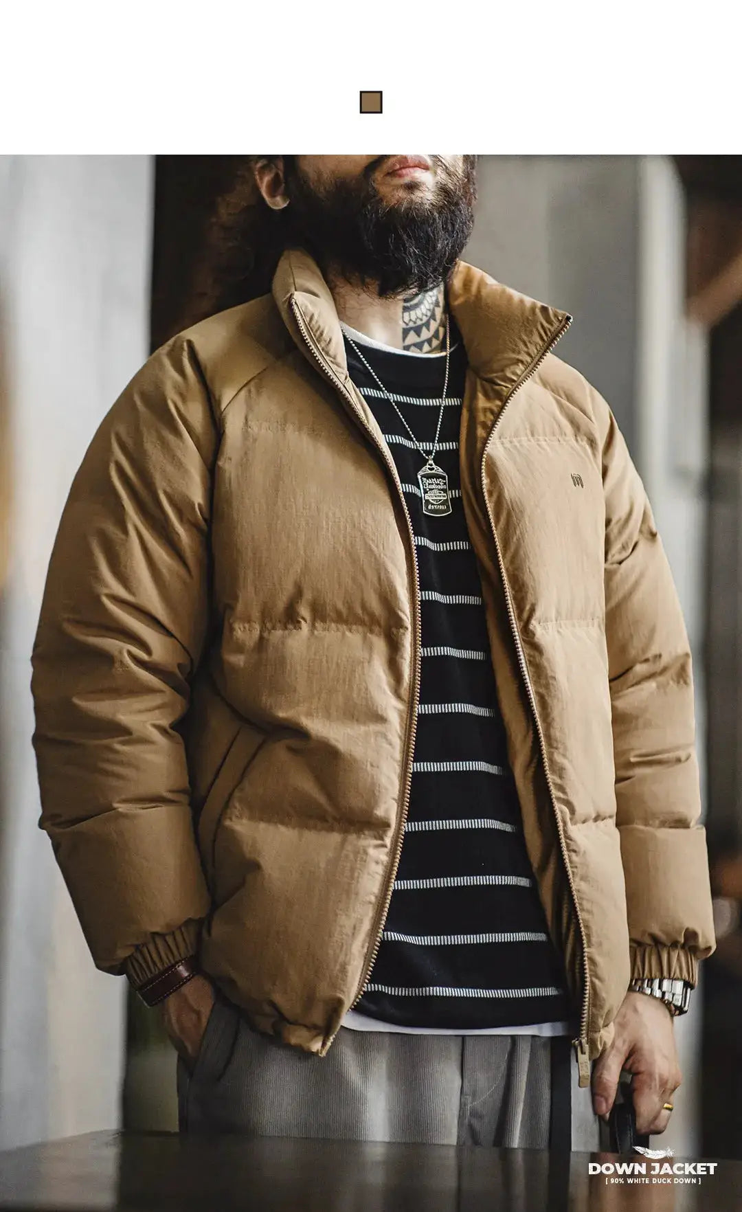 Maden Winter Down Jacket for Men by Simples Market, tan brown coat with white duck down filling and stand-up collar