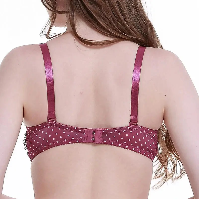 DaiNaFang lace bra in burgundy with white polka dots, adjustable straps and back hook closure