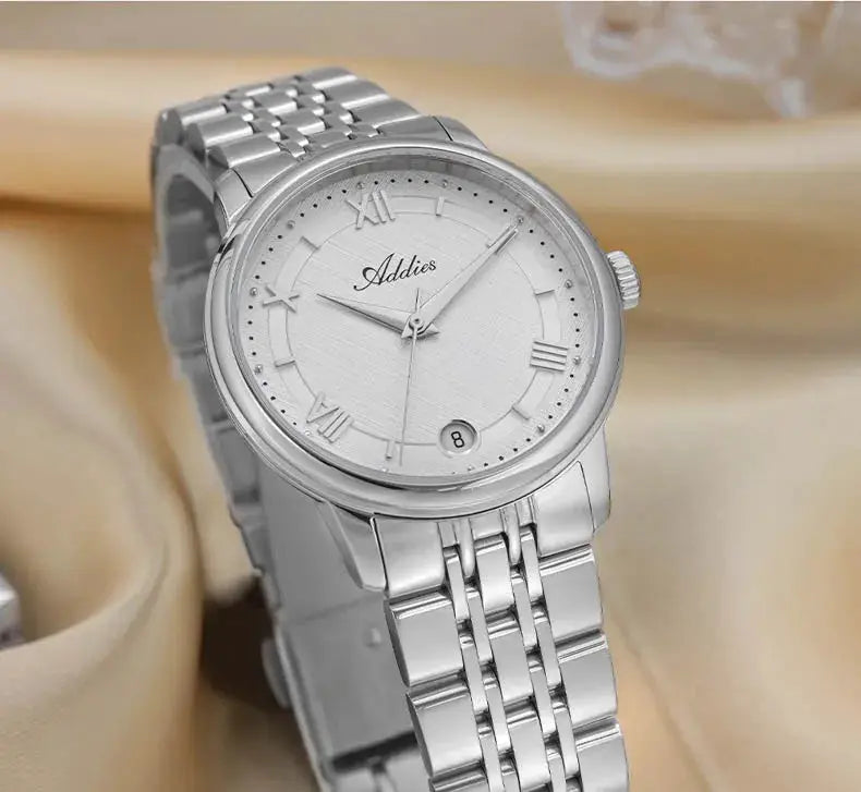 Ladies watch Addies silver stainless steel with Roman numerals and date window, sapphire glass