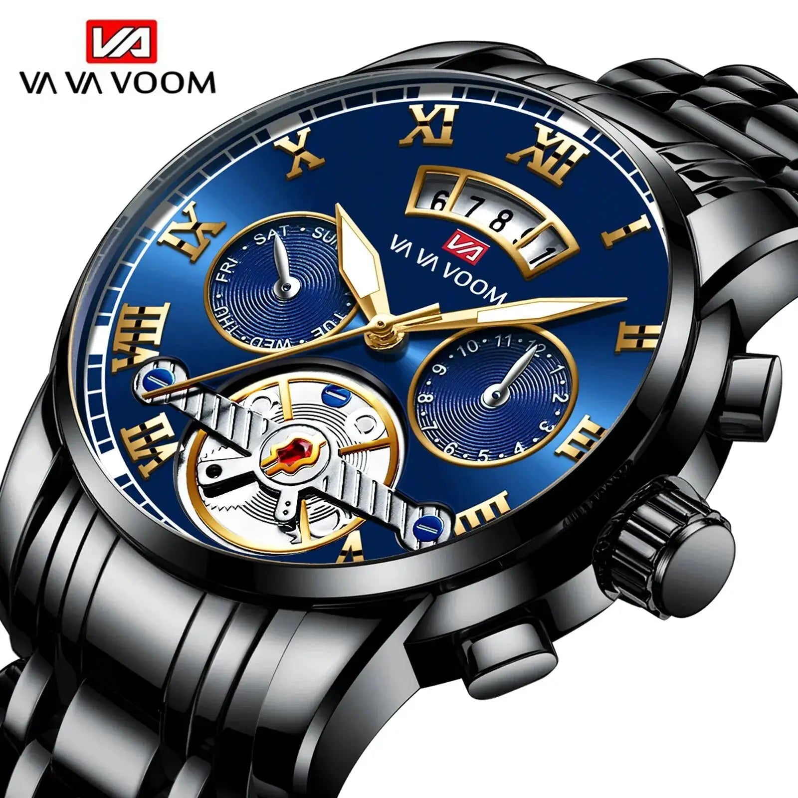 Relogio Masculino VA VOOM stainless steel watch with blue dial, gold numerals, skeleton movement, 3Bar waterproof