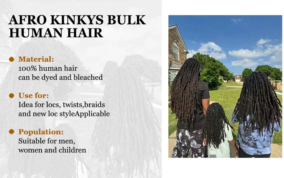 Simples Market Afro Kinky Curly Bulk Human Hair for Braiding - 100% human hair, dyeable; shown on three with long locs.