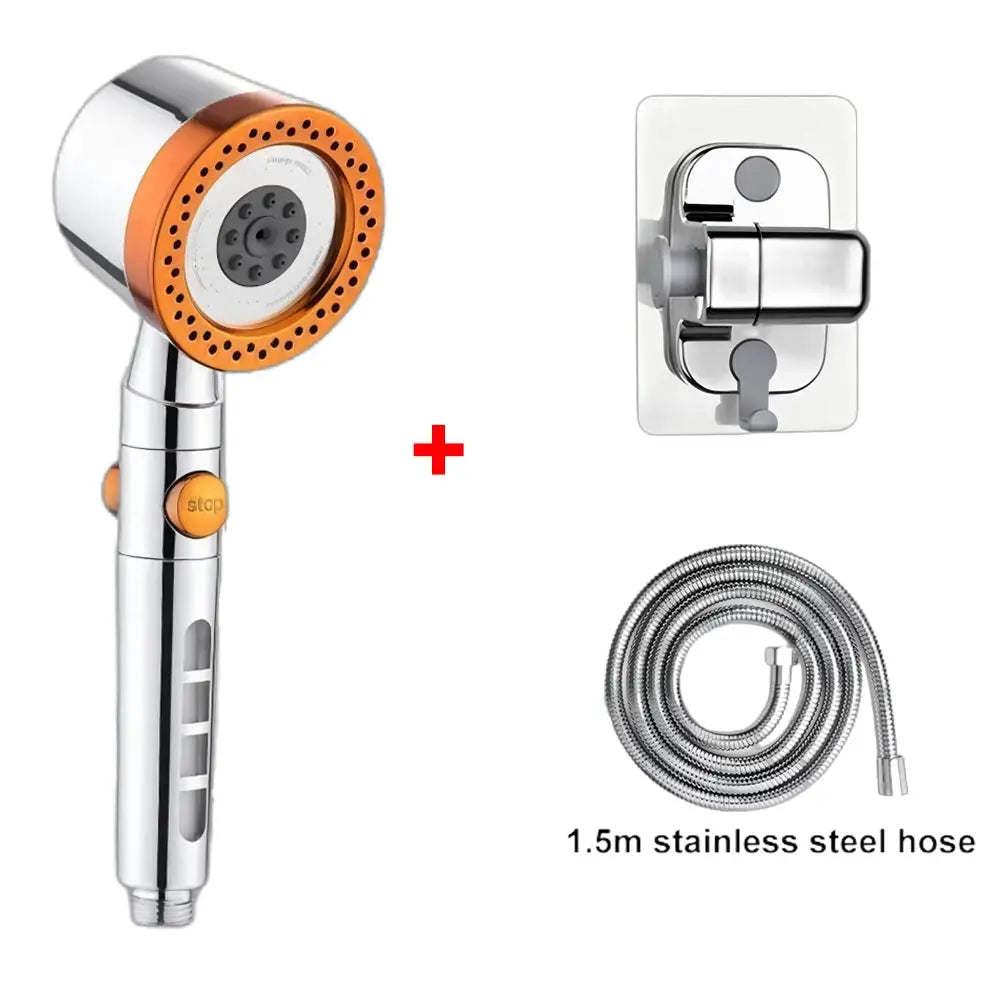 5-mode handheld shower head Simples Market with orange ring and chrome body; includes wall mount and 1.5m stainless hose