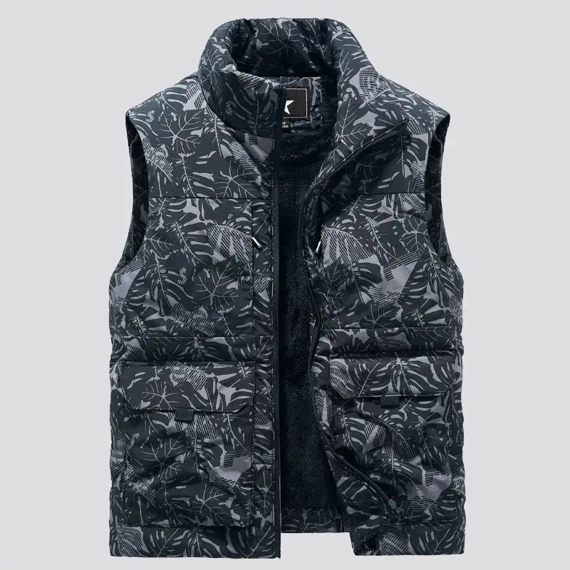 Men's padded vest by Simples Market, gray leaf-pattern with multiple pockets and fleece lining
