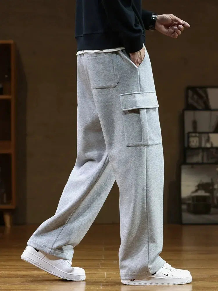 Men's gray cotton sweatpants with cargo pockets, casual wide-leg trousers, size 8XL