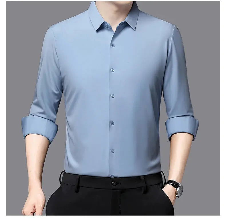 Premium silky light-blue men's ultra-stretch dress shirt with rolled sleeves by Simples Market