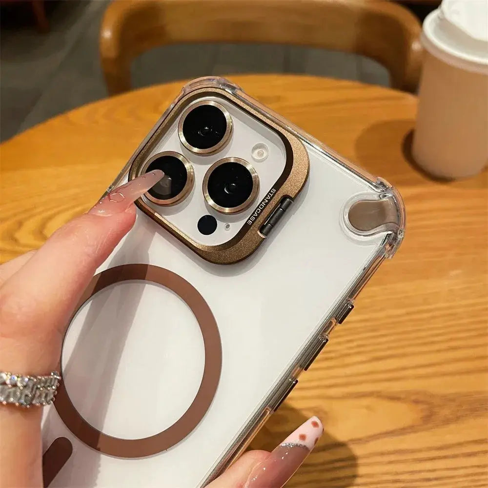 Luxury magnetic shockproof clear iPhone case from Simples Market with bronze camera ring and glass lens protection