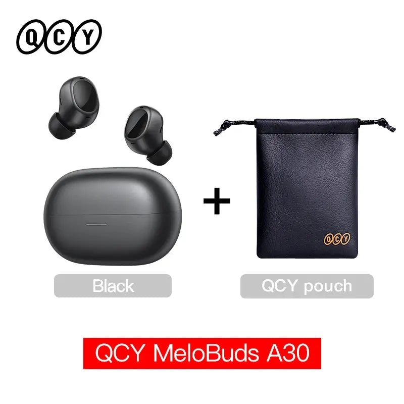 QCY MeloBuds A30 wireless earbuds black pair with charging case and QCY pouch