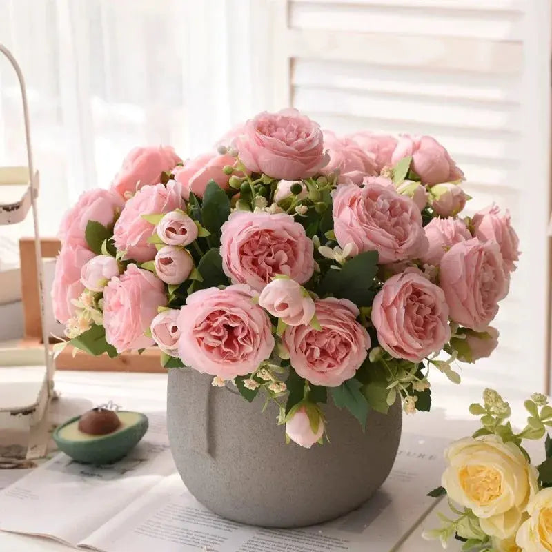 30cm Rose Pink Silk Peony Bouquet With Five Large Heads And Four Buds For Wedding And Home Decor Artificial Flower