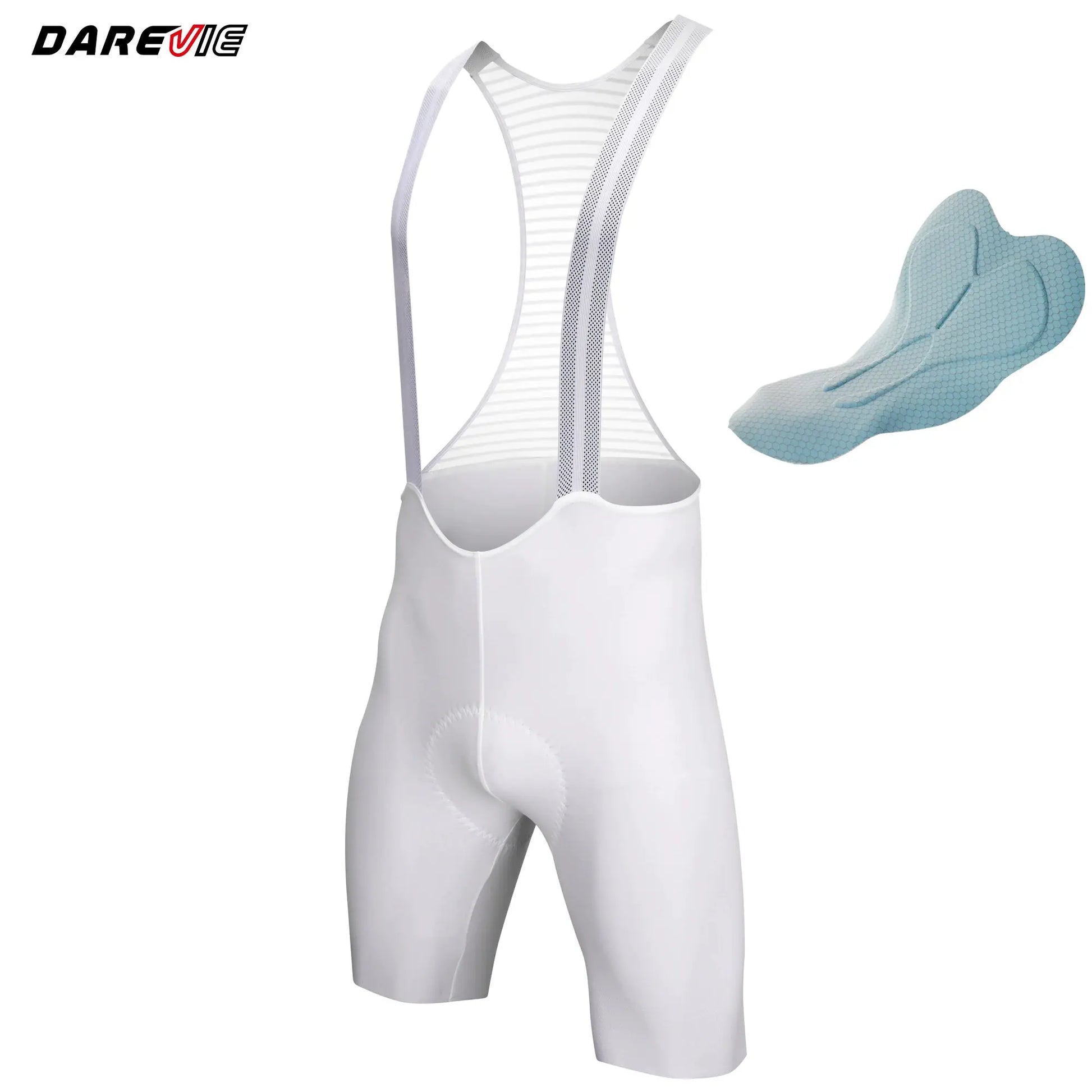 DAREVIE men's cycling bib shorts, white striped bib with blue chamois pad, 2-piece set