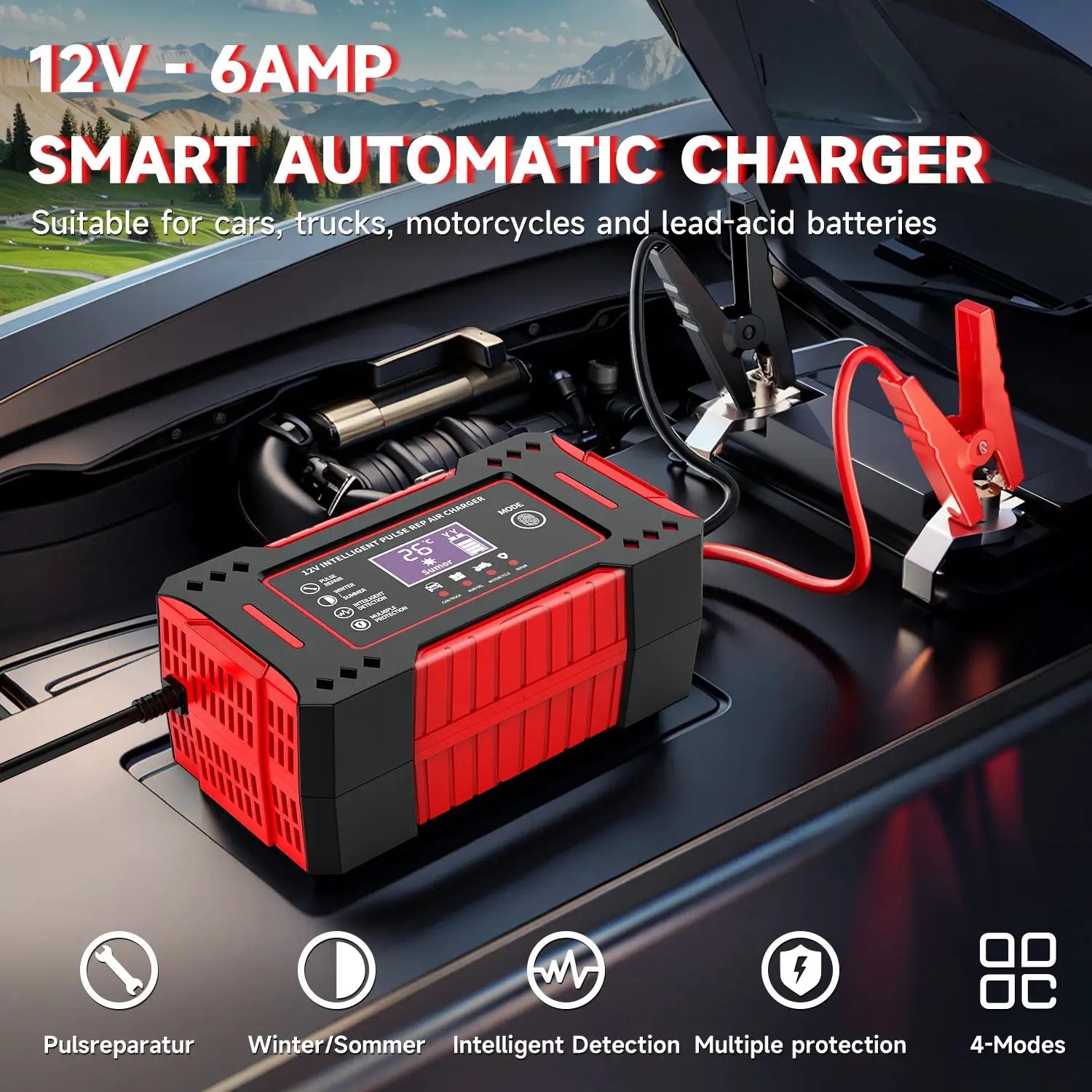 Simples Market 6A 12V intelligent lead-acid car battery charger with LCD display and red/black housing