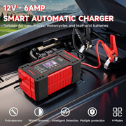Simples Market 6A 12V intelligent lead-acid car battery charger with LCD display and red/black housing