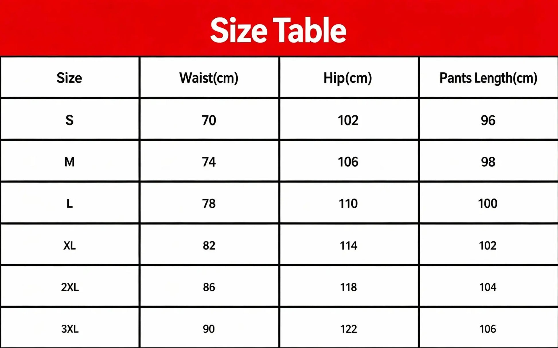 Simples Market size table for men's casual jogger pants with waist 70–90 cm, hip 102–122 cm, length 96–106 cm (S–3XL).
