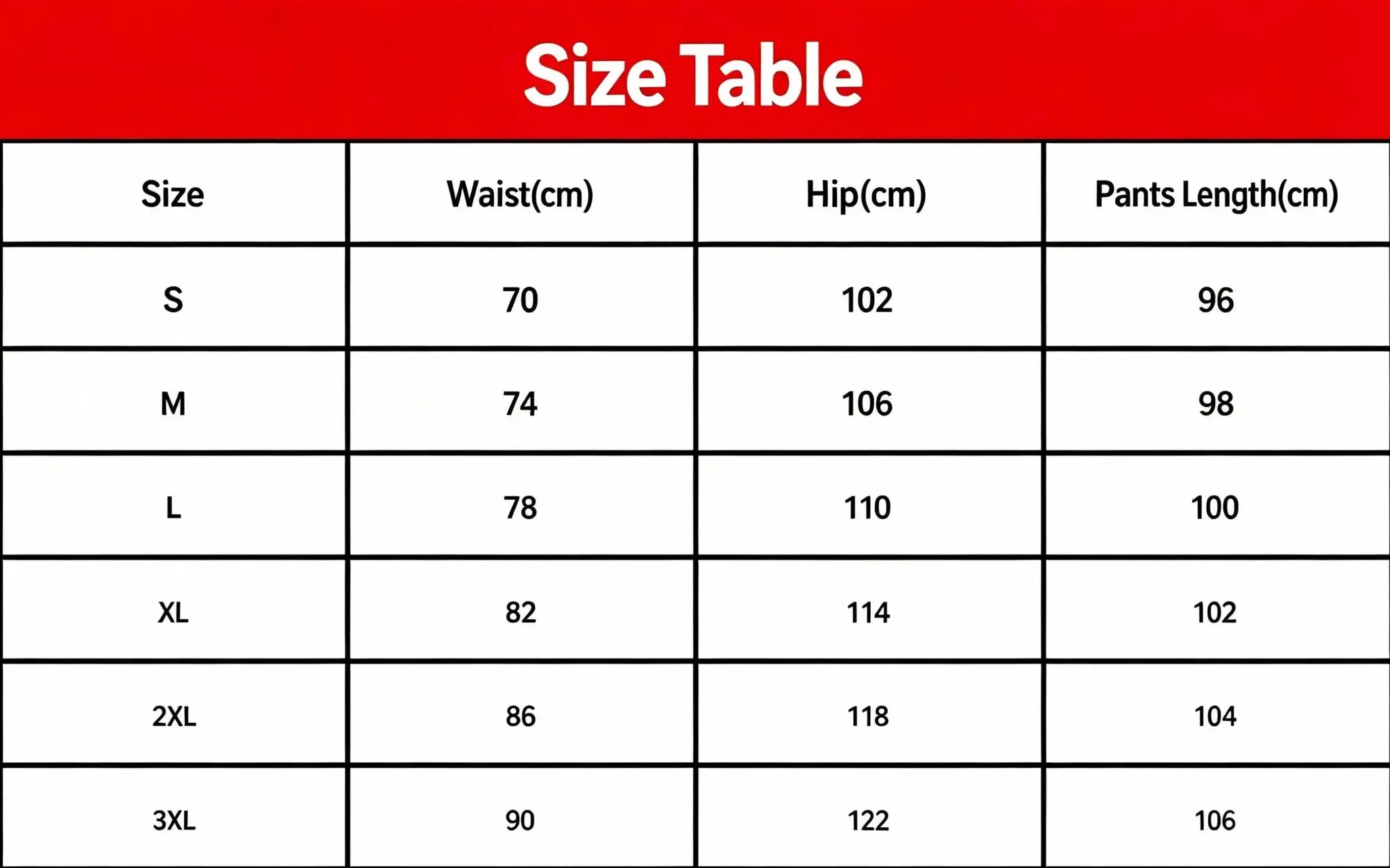 Simples Market size table for men's casual jogger pants with waist 70–90 cm, hip 102–122 cm, length 96–106 cm (S–3XL).