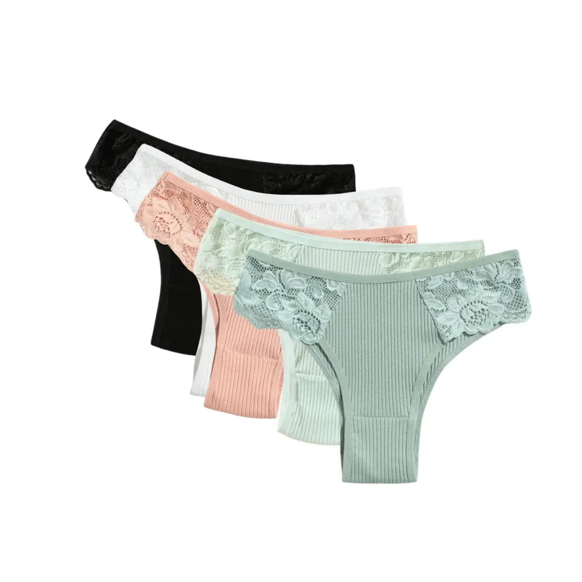 Five-pack women's ribbed cotton panties with floral lace side panels in black, white, peach, mint, and light blue.