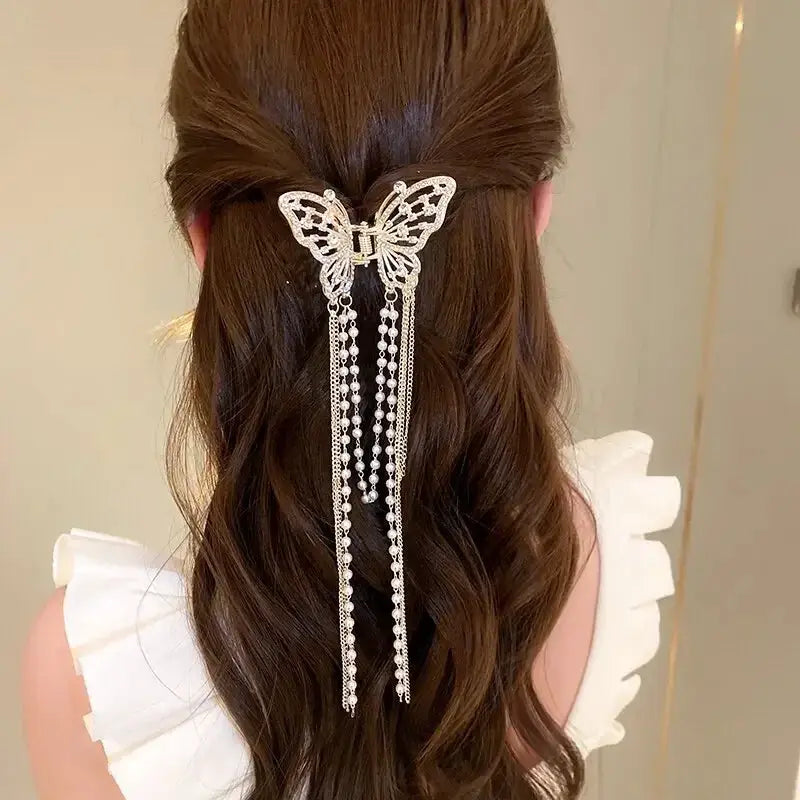 Butterfly Hair Clip With Long Tassel Elegant Imitation Pearl Rhinestone Hairpins For Women Jewelry