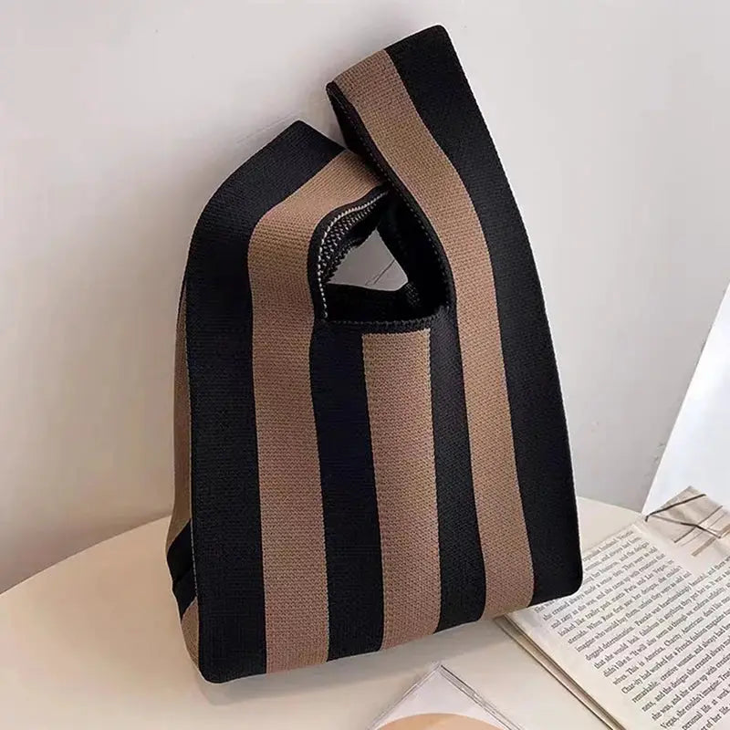 Simples Market mini striped handwoven handbag; black and tan tote for casual Korean-style use