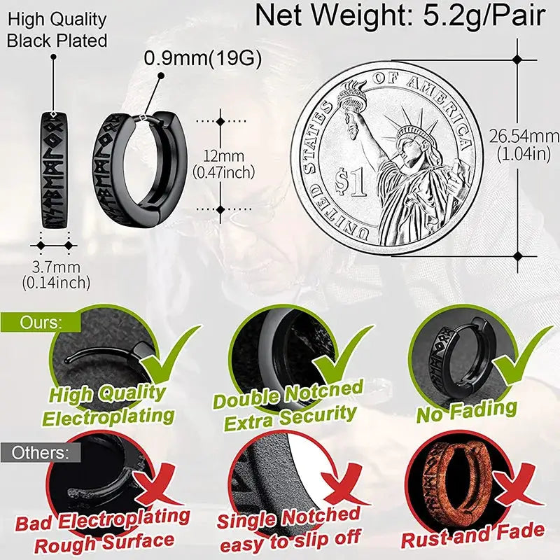 Stainless Steel Norwegian Viking Rune Hoop Earrings For Men Women Unisex Religious 12mm Huggie Ear Jewelry