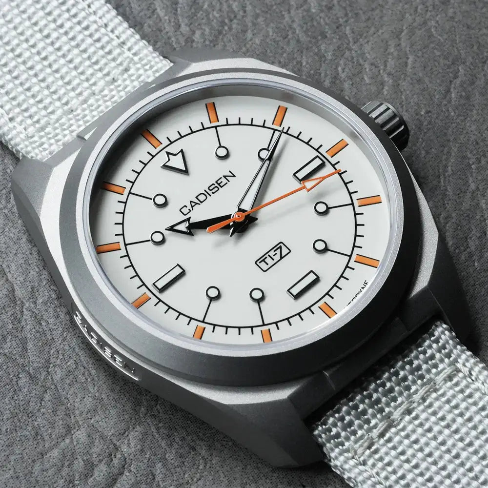 CADISEN TI-7 automatic wristwatch with white dial, orange accents, titanium steel case and canvas strap