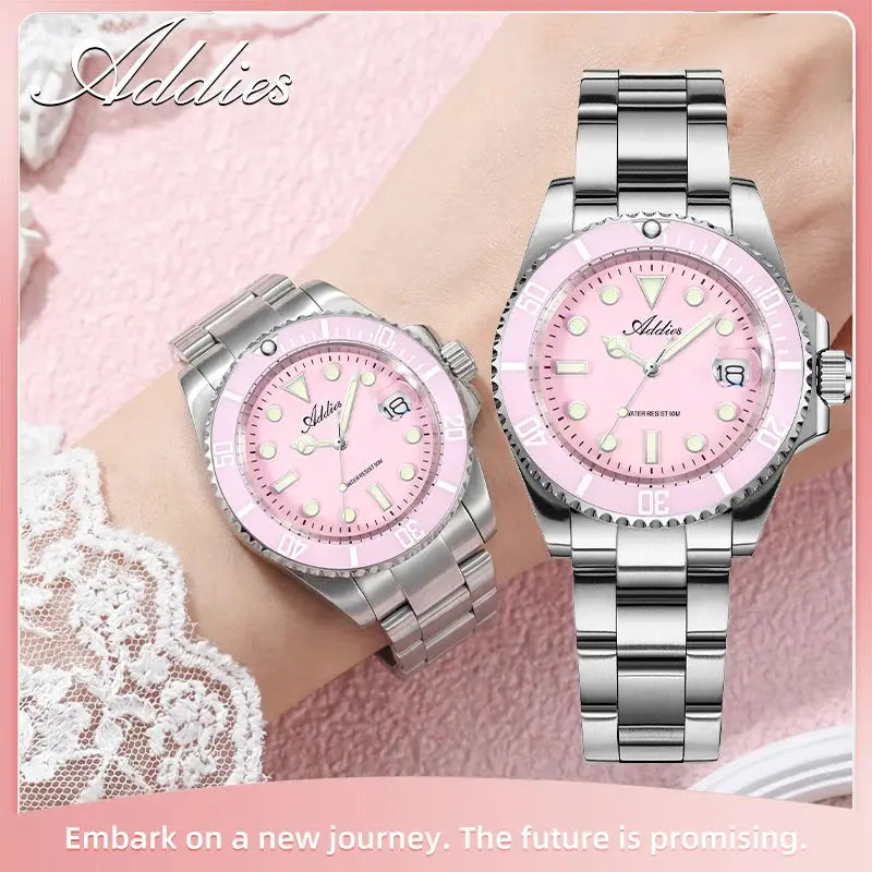 Addies women's watches, pink dial with pink ceramic bezel, stainless steel bracelet; luminous markers, 50m water resistant, 2-piece set