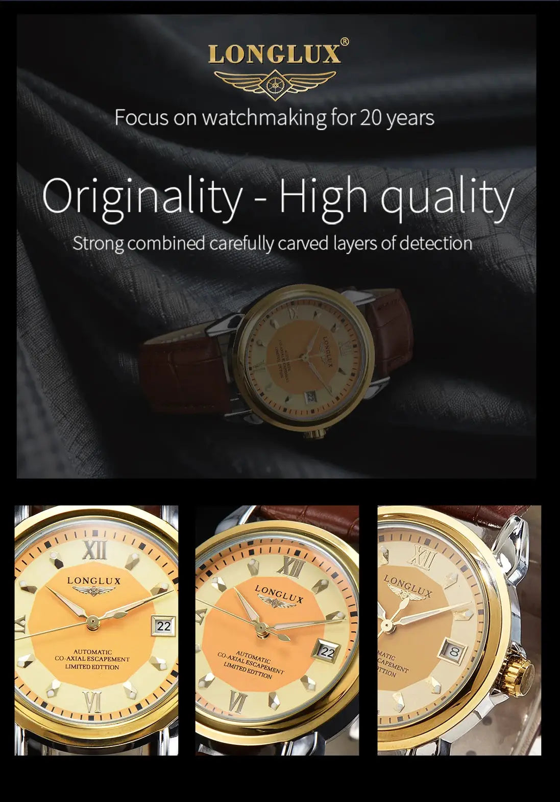 LONGLUX automatic men's wristwatch with gold-tone case, orange dial and brown leather strap; three close-up views