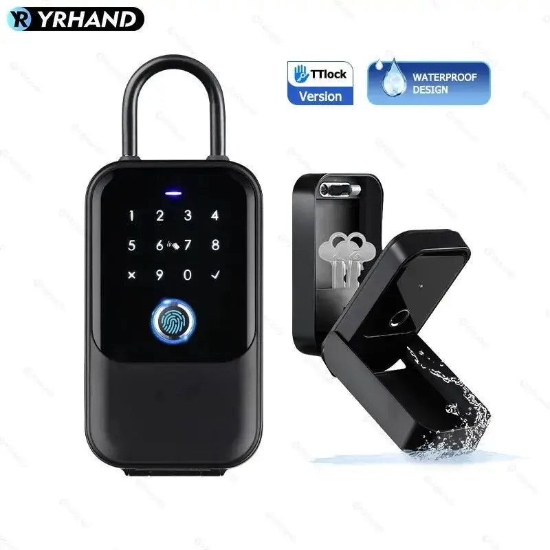 YRHAND TTlock smart key lock box with touch keypad and fingerprint sensor, black wireless key safe.
