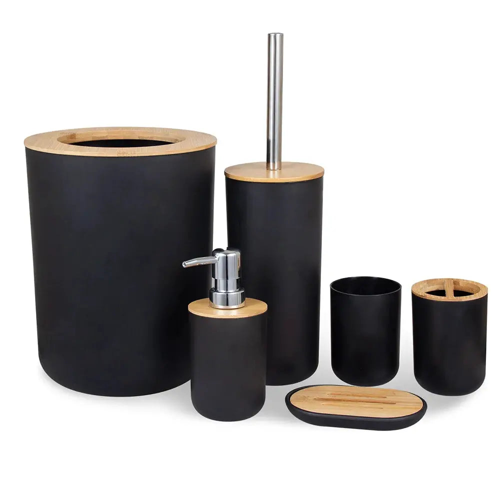 6pc black bamboo bathroom storage set by Simples Market with bamboo lids