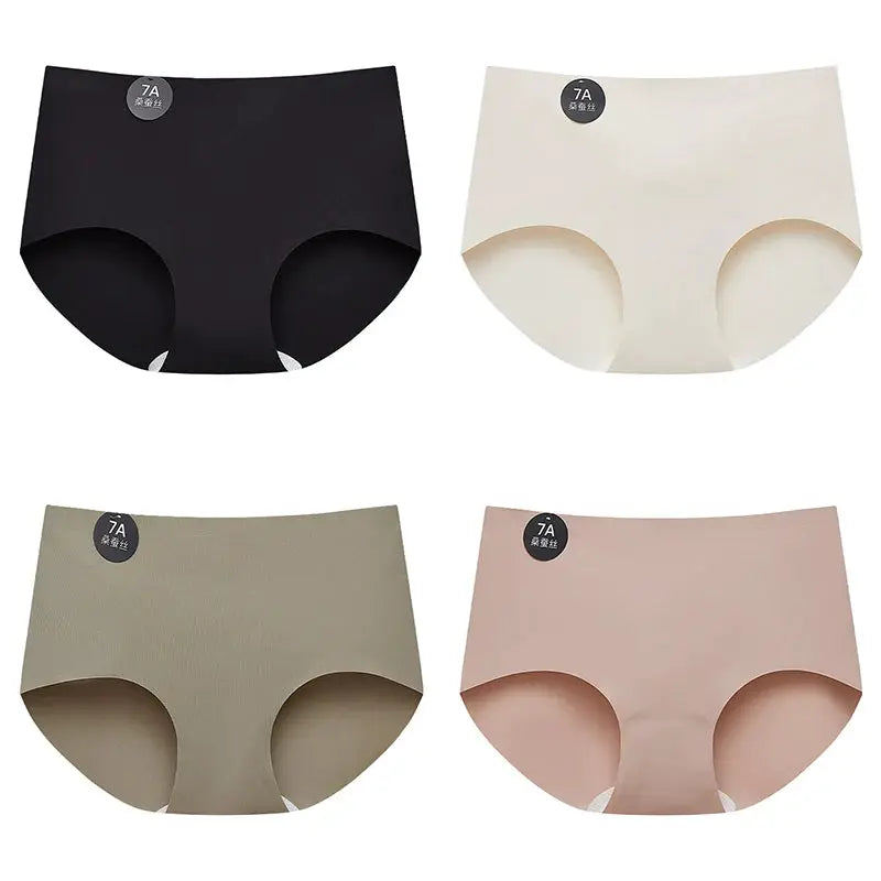 Simples Market Falllsweet 4-pack seamless mulberry silk briefs for women in black ivory taupe blush pink.