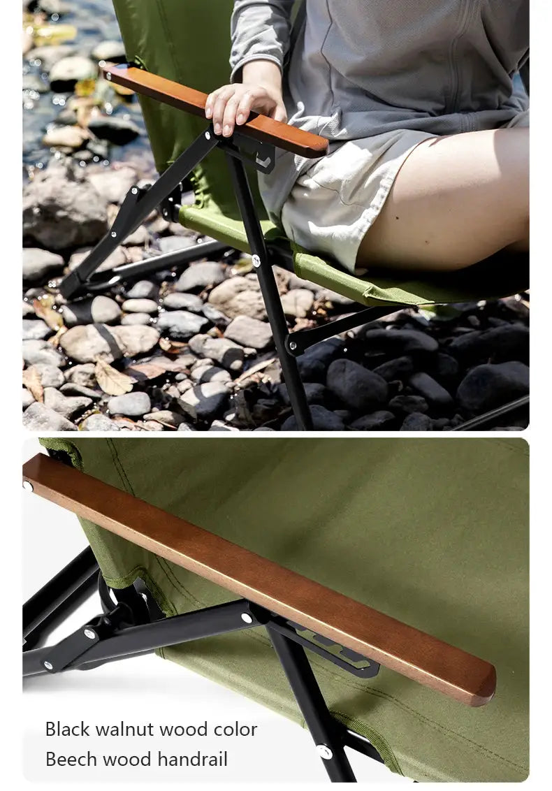 BISINNA camping folding chair with olive fabric and wooden armrest
