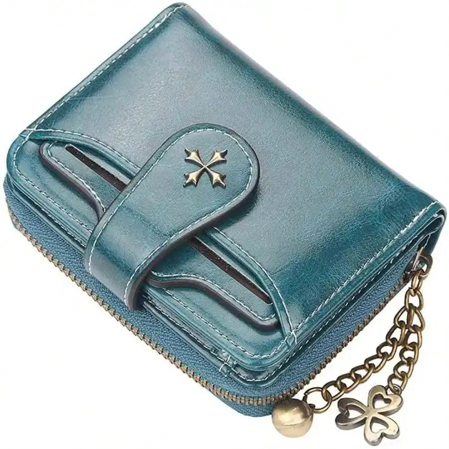 Women's retro mini leather wallet with zipper, teal blue double-fold card holder and charm chain.