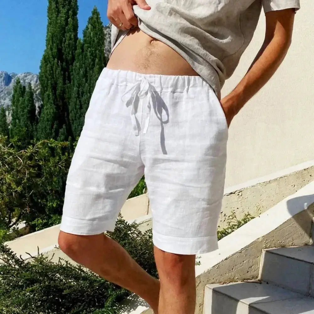 Men's white cotton linen shorts with drawstring, loose fit, breathable beachwear