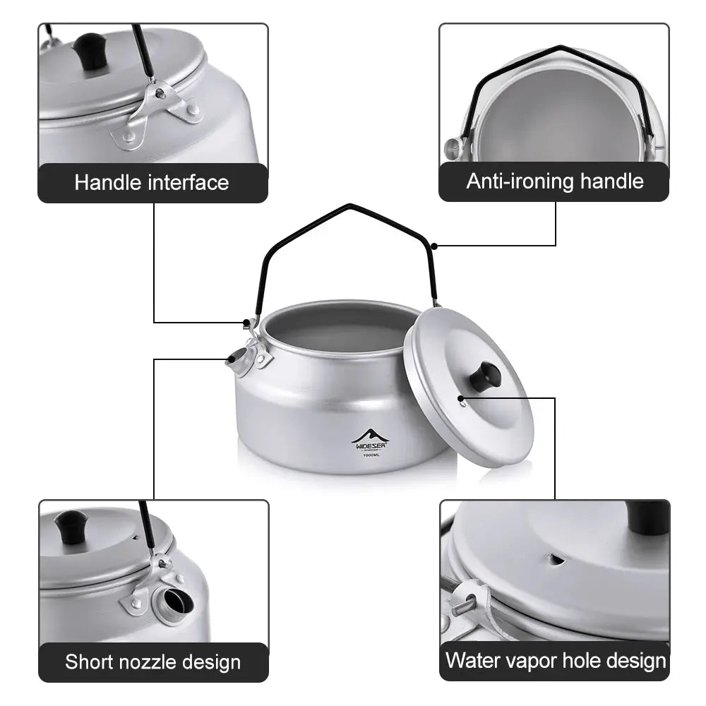 Widesea 1L Pure Aluminum Camping Kettle Portable Short Mouth Design With Removable Handle For Quick Boiling Outdoors