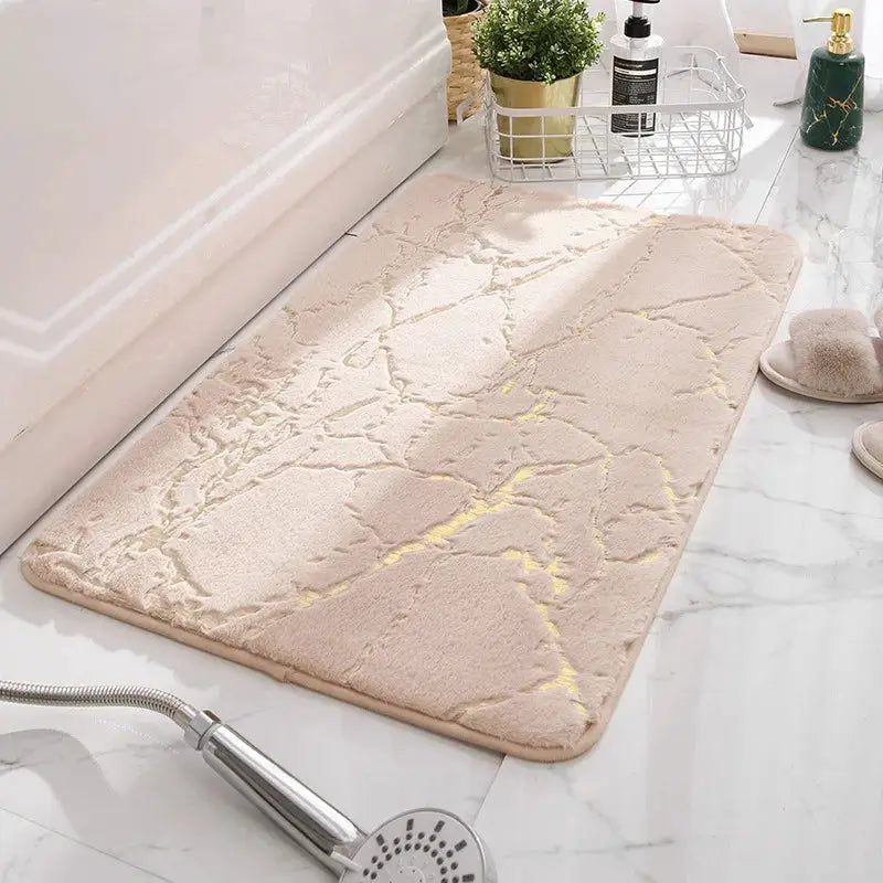 MarbleLux Marble Bathroom Rug Nonslip Black Gold With Soft Faux Rabbit Fur Surface And Eco Friendly Backing