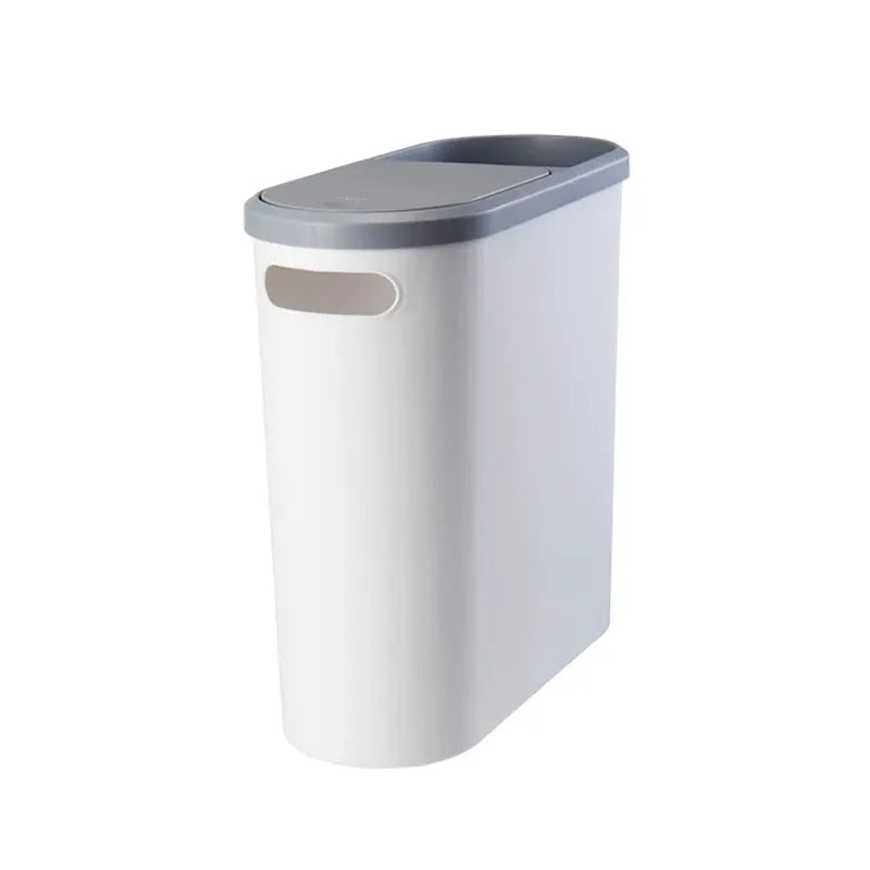 Bathroom trash can with lid, white plastic bin with gray top, press-type lid, large capacity