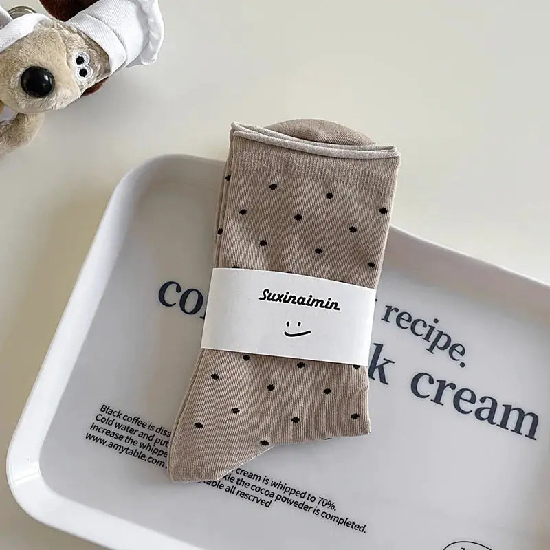 Vintage Cream Curled Edge Polka Dot Mid Tube Socks for Women Spring Summer Artistic Socks