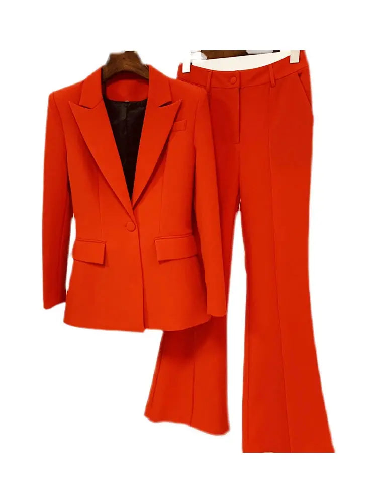 Women's red blazer suit set with single-button blazer and flare pants (2-piece)