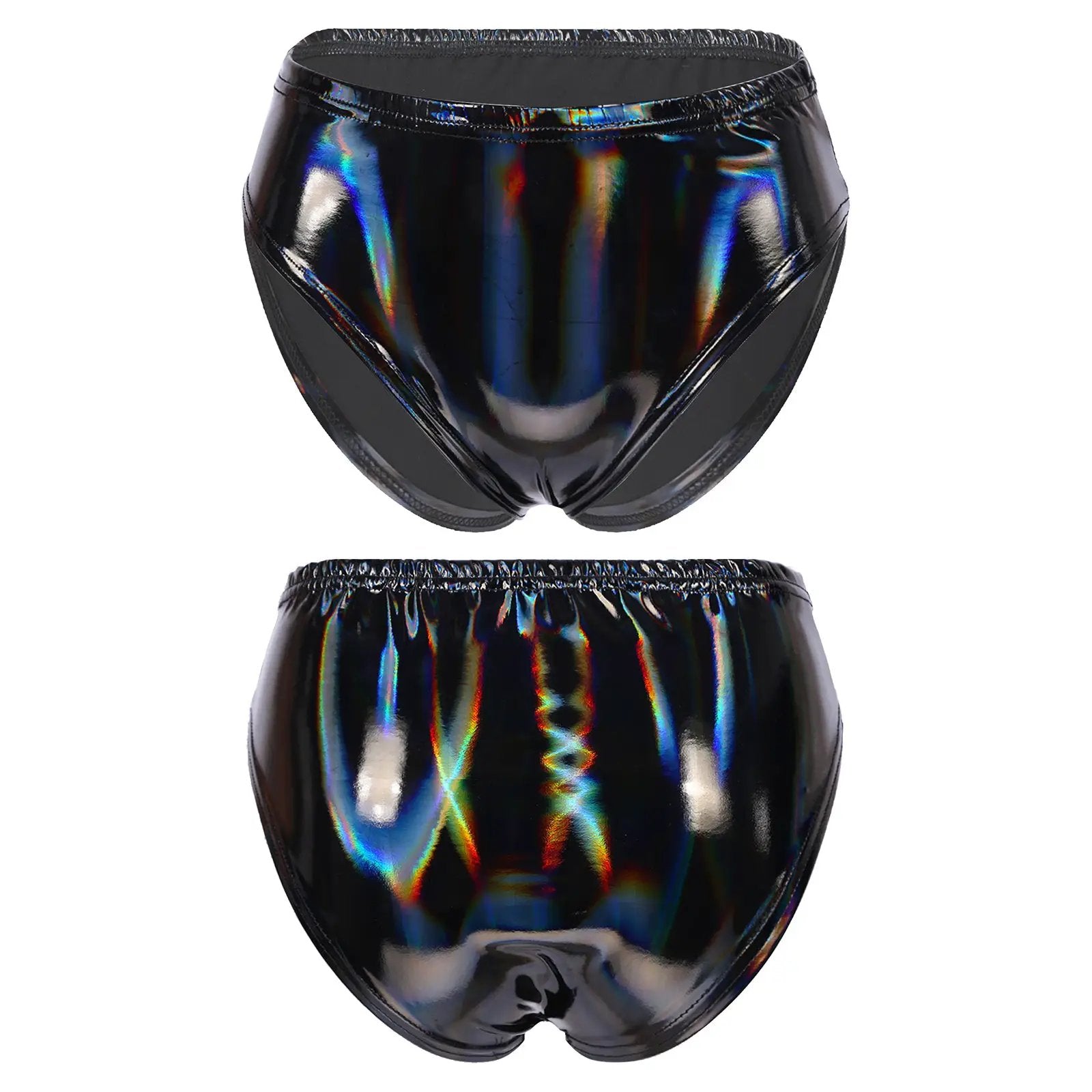 Womens wet-look patent leather hot pants briefs by Simples Market, black low waist with elastic waistband