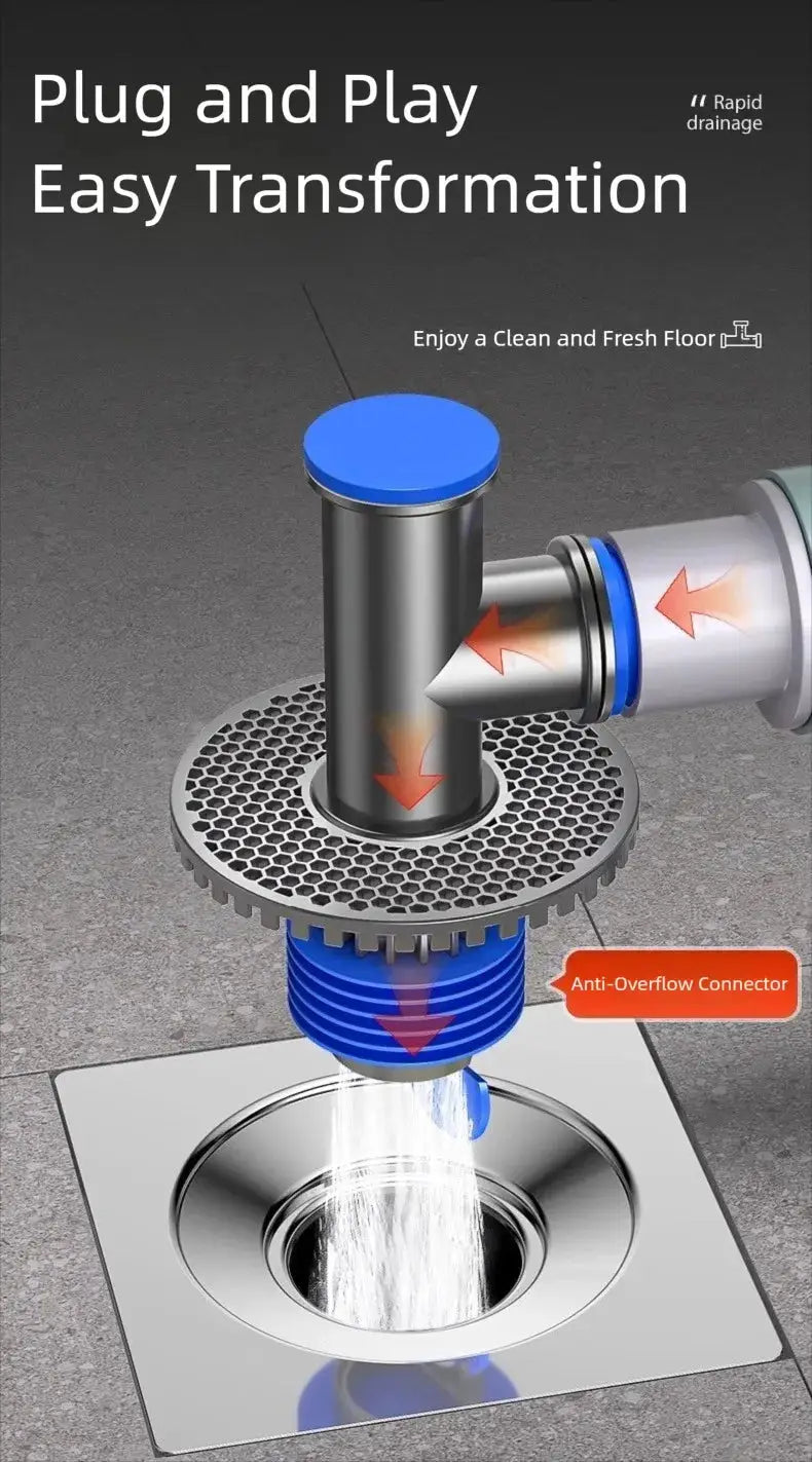 Simples Market universal washing machine floor drain with blue cap, stainless mesh strainer and anti-overflow connector