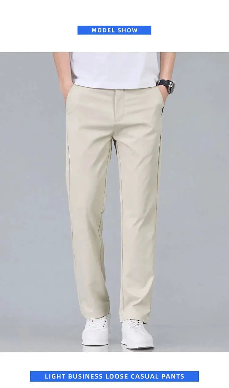 Men's slim beige stretch cotton casual pants for business wear