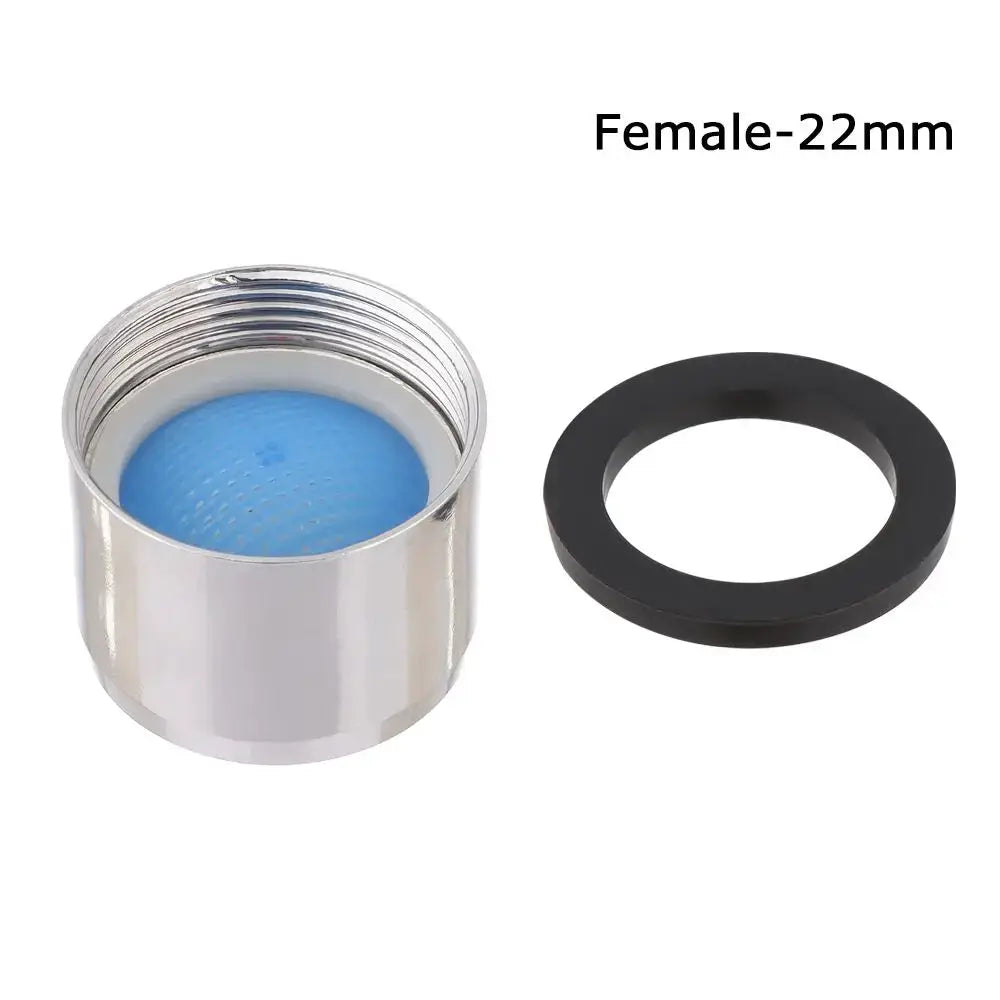 Faucet aerator with blue filter in chrome housing and black gasket, 22mm female.